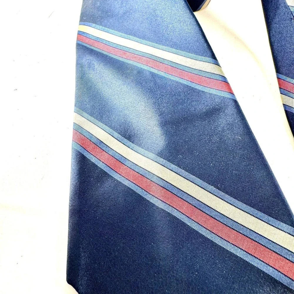 Christian Dior Mens Silk Tie Navy‎ Blue Red Cream Striped Vintage Made in France